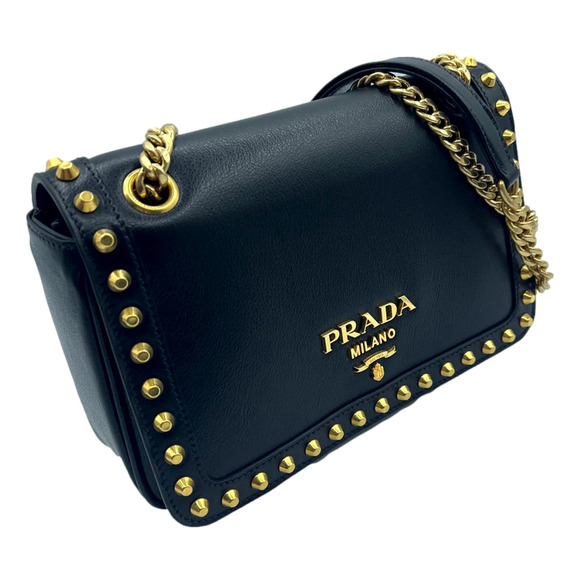 Prada Handbags - Prada Pattina Black Glace Calf Leather Studded Flap Crossbody Bag Gold
